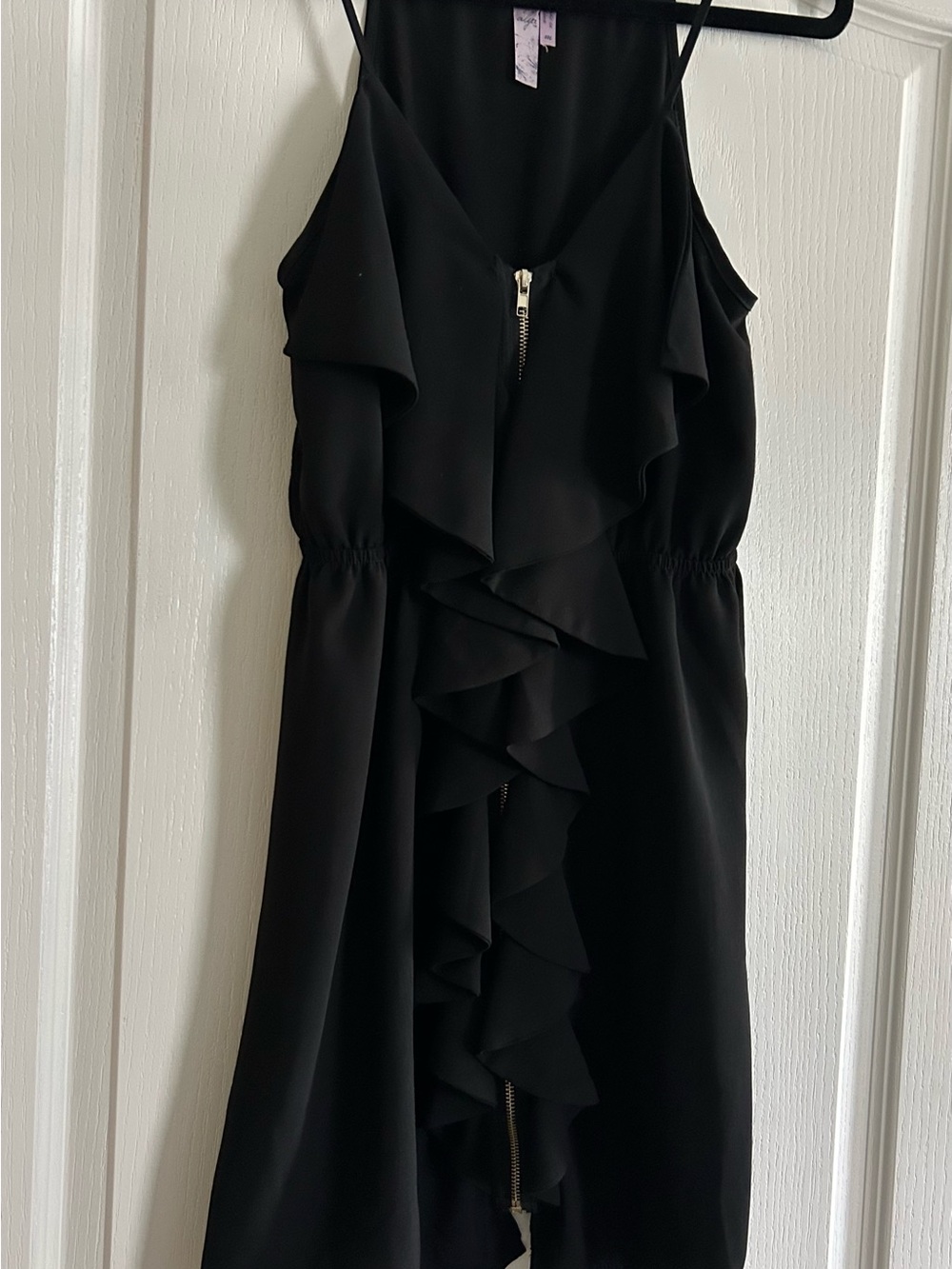 Alya Black Ruffle-Front Mini Slip Dress with fashionable front zipper
